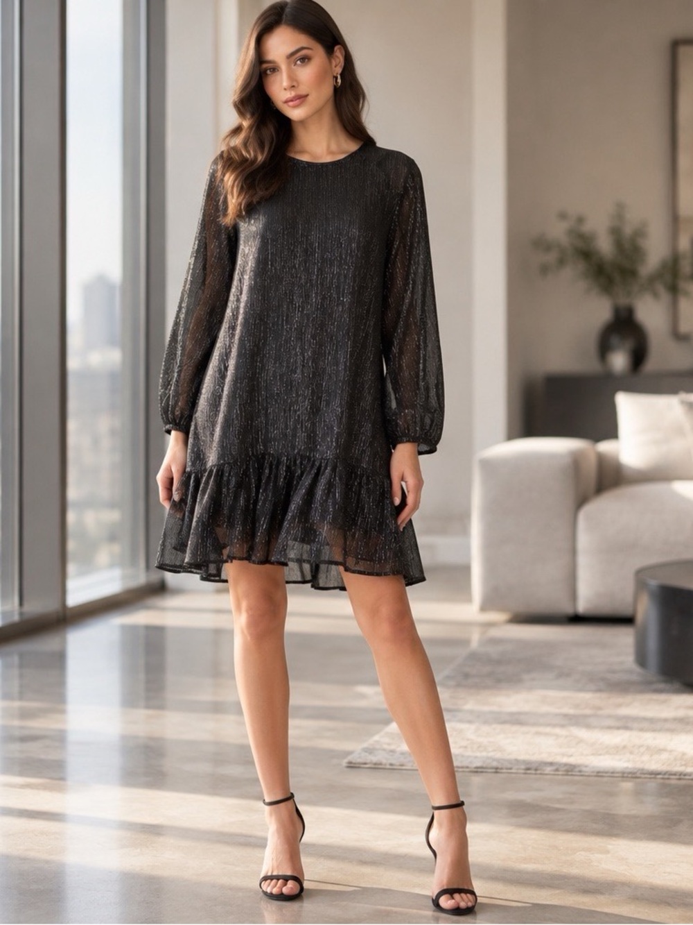 Forever 21 Black Metallic Shimmer Drop Waist Ruffle Mini Dress Medium